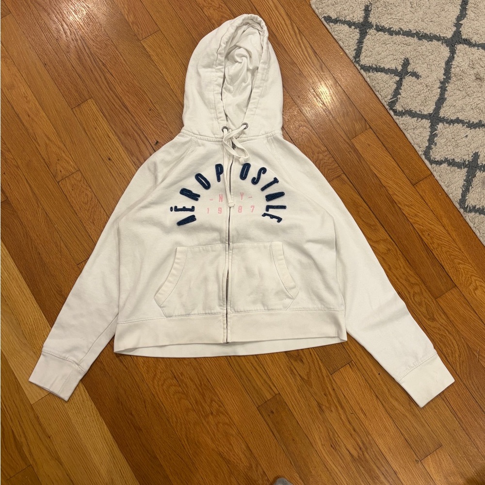 Aeropostale White and Blue Zip-Up Hoodie